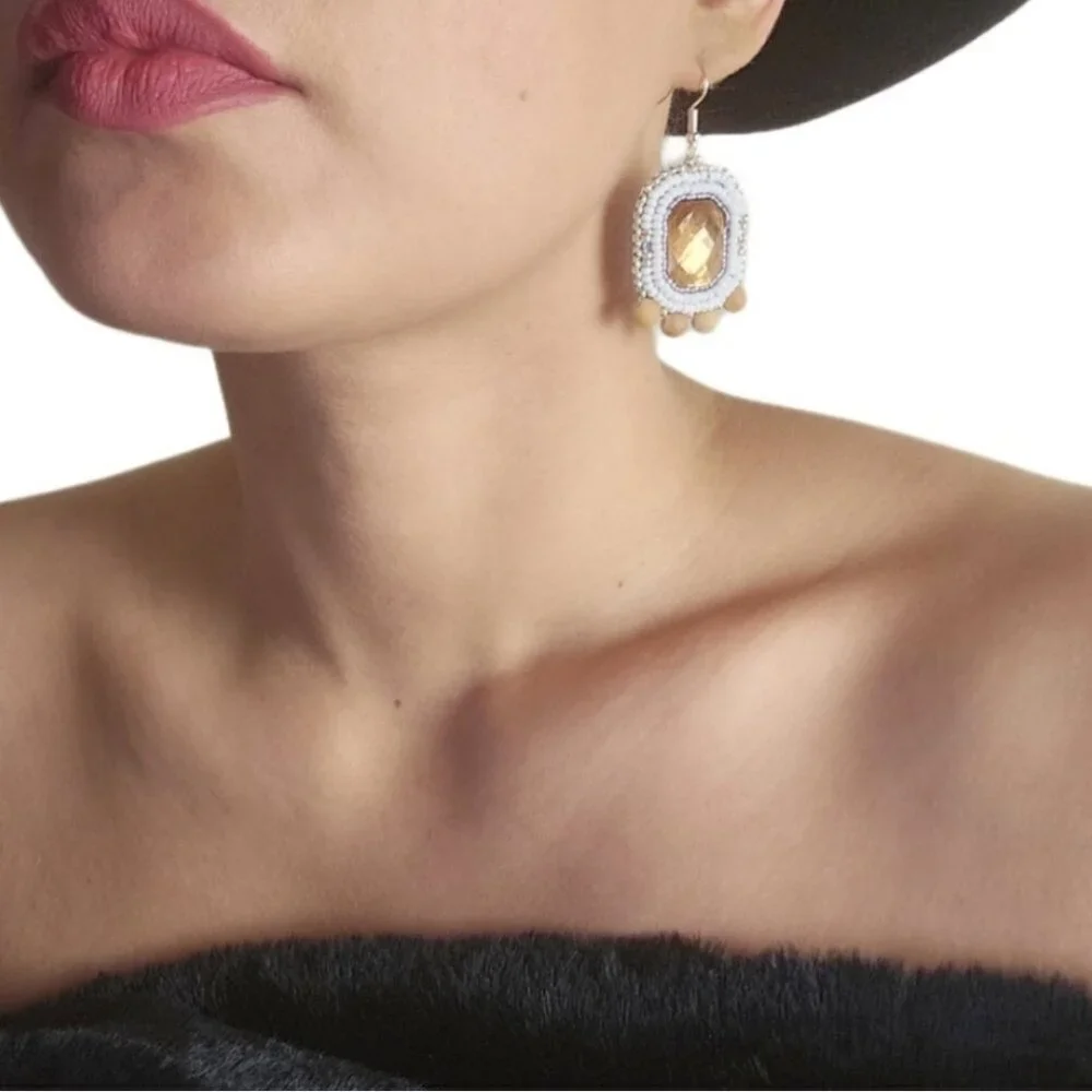 2/$27 | Orange + White Beaded Bohemian Indigenous Hoop Earrings | Handmade - Picture 4 of 7